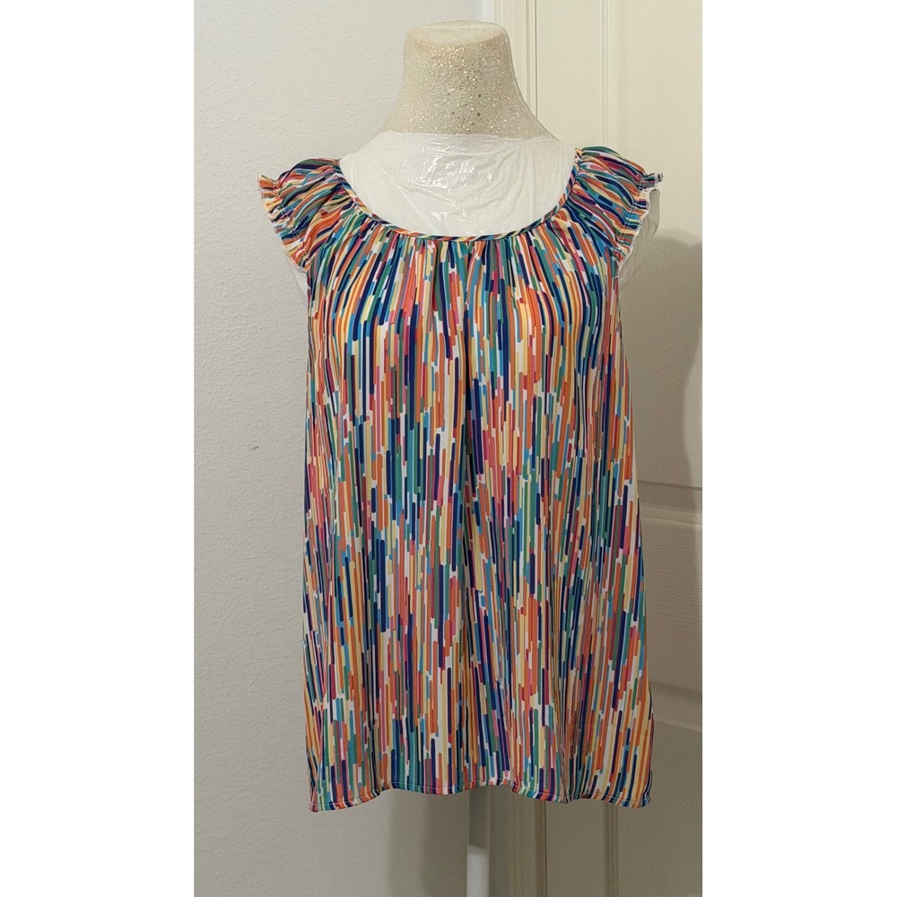 Spense Womens sz S Multicolor Vertical Dash Print Blouse‎ boho artsy resort wear